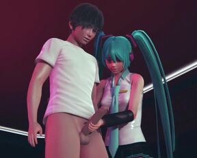 Miku jerks off cock to guest in public