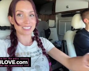 Babe in pigtail braids chatting behind porn scenes in car on her way to live stage performance nervous excited - Lelu Love